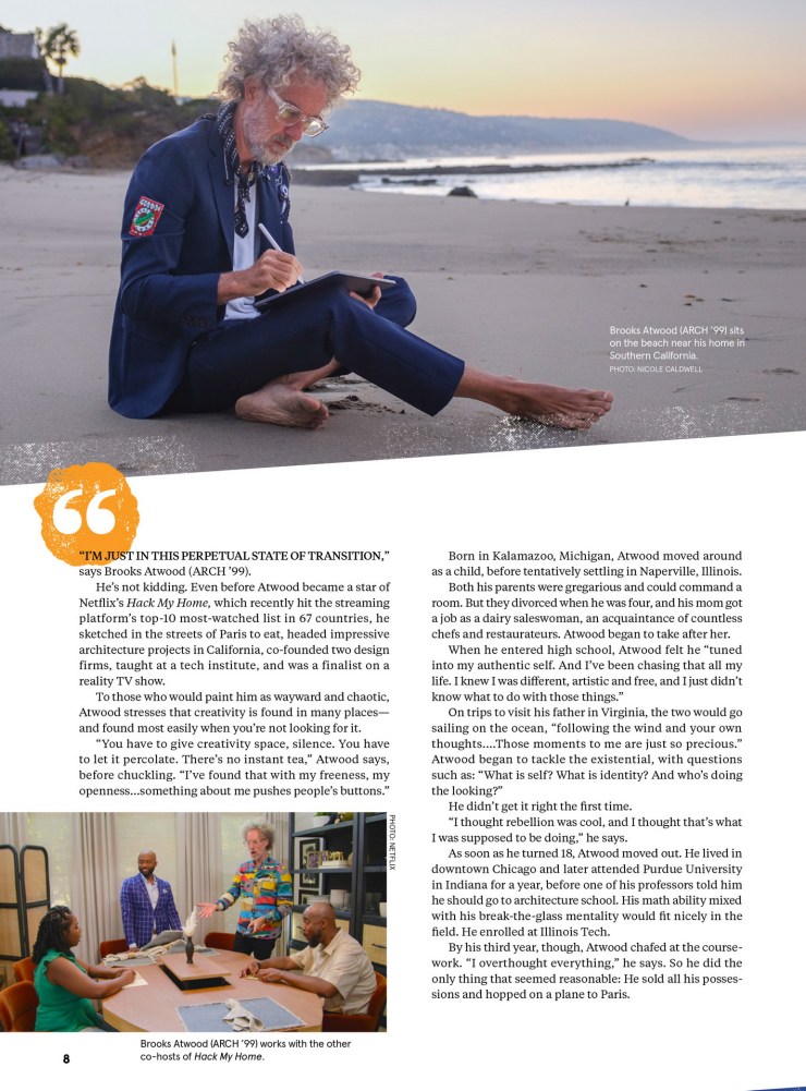Brooks Atwood, a designer and TV personality, sits on the beach in Laguna Beach, California, writing in a notebook with ocean waves in the background. executive headshots portraits orange county photographer nicole caldwell